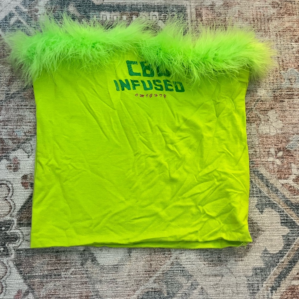 omighty Neon Lime Feather Trim Tube Top